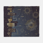 Couverture Polaire Paysage urbain or et bleu nuit avec feux d'artific (Devant (Horizontal))