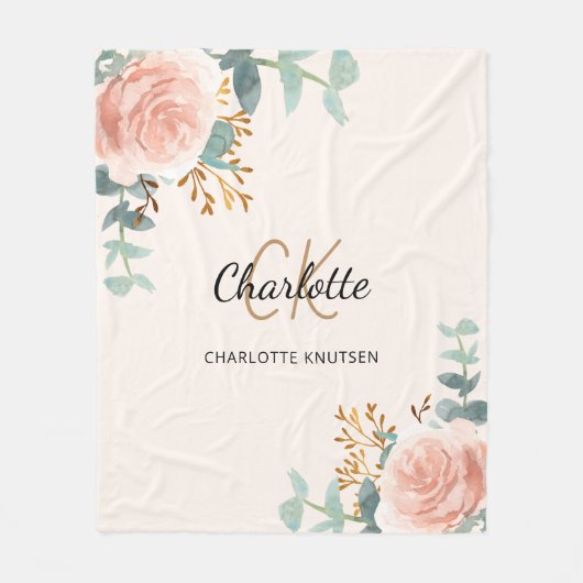 Couverture Polaire Peach rose floral vert nom monogramme (Devant)