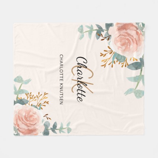 Couverture Polaire Peach rose floral vert nom monogramme (Devant (Horizontal))
