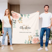 Couverture Polaire Peach rose floral vert nom monogramme