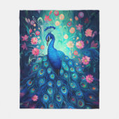 Couverture Polaire Peacock - Plumes d'Aqua Vert Bleu & Fleurs Roses (Devant)