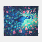 Couverture Polaire Peacock - Plumes d'Aqua Vert Bleu & Fleurs Roses (Devant (Horizontal))