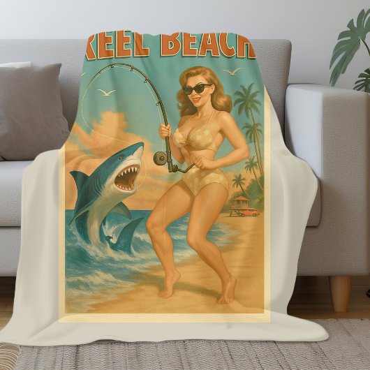 Couverture Polaire Pêche au requin sur la plage, pin-up, vie côtière