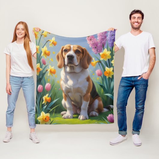 Couverture Polaire Peinture beagle Fleurs de printemps de chien (En situation)