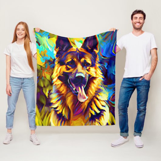 Couverture Polaire Peinture berger allemande tons or (En situation)