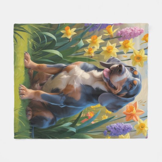 Couverture Polaire Peinture Bluetick Coonhound Chien Fleurs de printe (Devant (Horizontal))