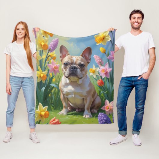 Couverture Polaire Peinture de fleurs printanières de Bouledogue Fran (En situation)