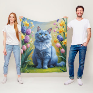 Couverture Polaire Peinture de fleurs printanières de chat bleu russe