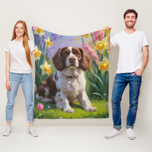 Couverture Polaire Peinture de fleurs printanières de chien Brittany 