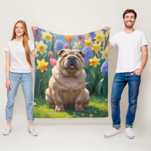 Couverture Polaire Peinture de fleurs printanières de chien Shar Pei