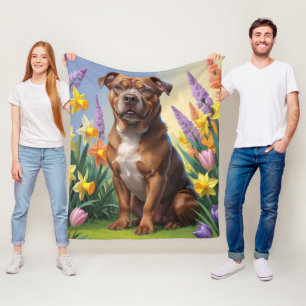 Couverture Polaire Peinture de fleurs printanières de chien Staffords