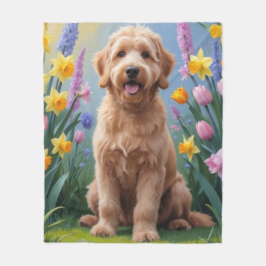 Couverture Polaire Peinture Goldendoodle Chien Fleurs de printemps (Devant)