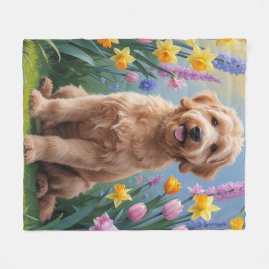 Couverture Polaire Peinture Goldendoodle Chien Fleurs de printemps (Devant (Horizontal))
