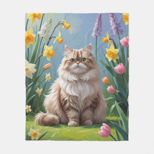 Couverture Polaire Peinture Perse Fleurs de Printemps Chat (Devant)
