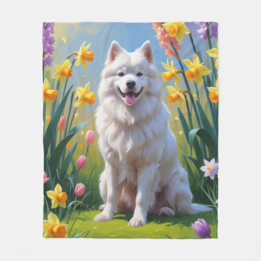 Couverture Polaire Peinture Samoyed Chien Fleurs de printemps (Devant)