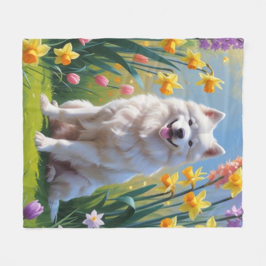 Couverture Polaire Peinture Samoyed Chien Fleurs de printemps (Devant (Horizontal))
