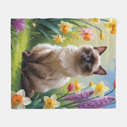 Couverture Polaire Peinture Siamese Chat Fleurs de Printemps (Devant (Horizontal))