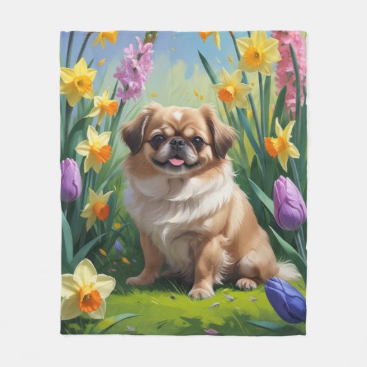 Couverture Polaire Pekingese Chien Fleurs de printemps Peinture (Devant)