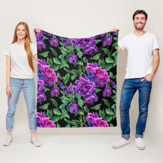 Couverture Polaire Peonées d'aquarelle romantique violet magenta rose (En situation)