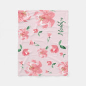 Couverture Polaire Peonies d'aquarelle rose Vert Script Nom personnal (Devant)