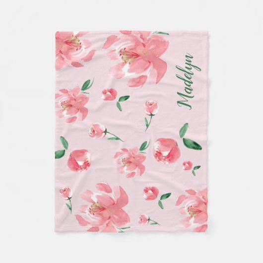 Couverture Polaire Peonies d'aquarelle rose Vert Script Nom personnal (Devant)