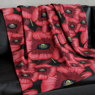 Couverture Polaire Pépites florales en polaire noire et rouge