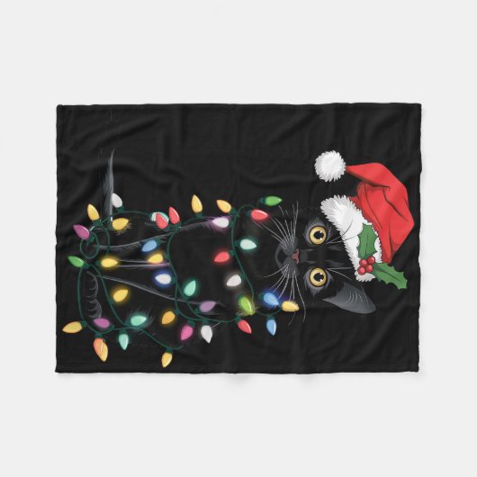 Couverture Polaire Père Noël Chat Noir Tangé Dans La Lumière De L'Arb (Devant (Horizontal))