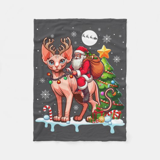 Couverture Polaire Père Noël équitation renne Sphynx Chat Xmas arbre (Devant)