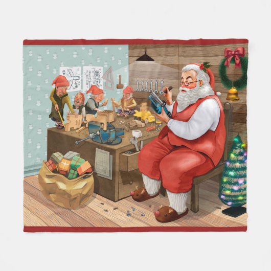 Couverture Polaire Père Noël Et Elfes Fabriquent Des Jouets | Noël (Devant (Horizontal))