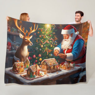 Couverture Polaire Père Noël et rennes font maison de pain d'épices
