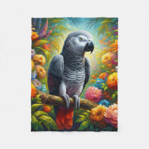Couverture Polaire Perroquet gris africain aux fleurs colorées