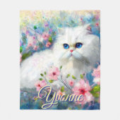 Couverture Polaire Persian Cat Blue Eyes in Pink Flowers Personalized (Devant)