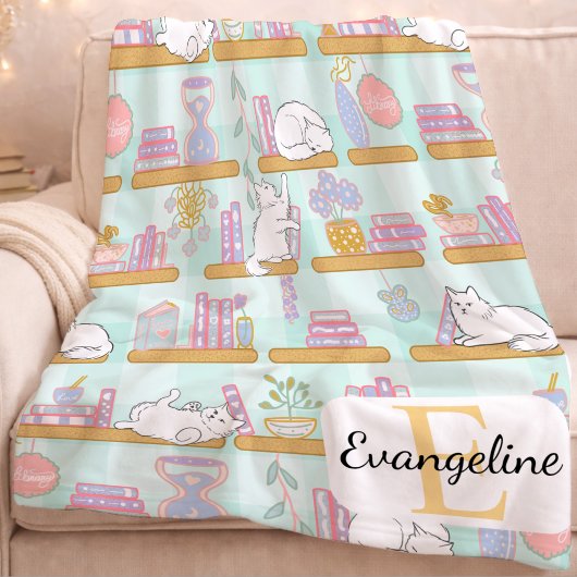 Couverture Polaire Personalized Bookish Cat Gift Green Pastel Name