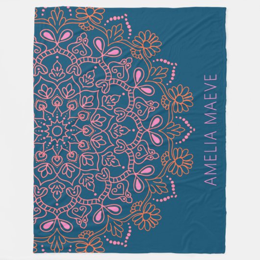 Couverture Polaire Personalized Name Boho Mandala Floral Blue Pink  (Devant)