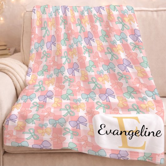Couverture Polaire Personalized Pastel Bow Aesthetic Pink Gingham