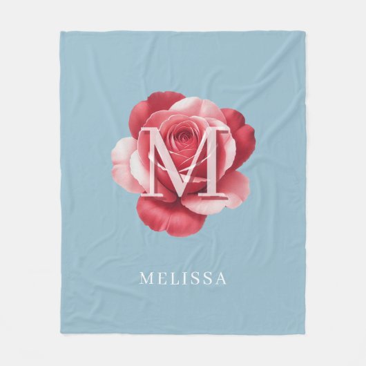 Couverture Polaire Personalized Pink Rose Monogram Name Soft Blue (Devant)