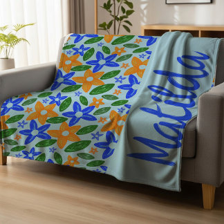 Couverture Polaire Personalized Retro Blue & Orange Floral 