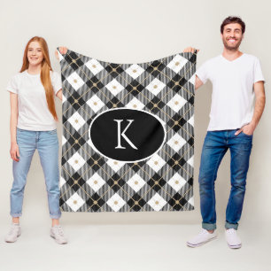 Couverture Polaire Personnalisé Monogramme Noir Blanc Or Plaid Fl