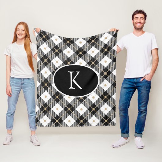 Couverture Polaire Personnalisé Monogramme Noir Blanc Or Plaid Fl (En situation)