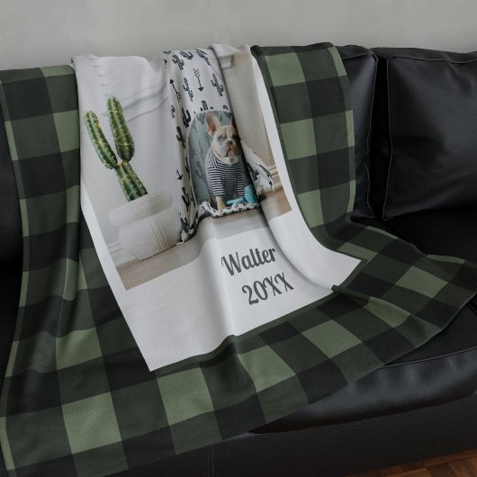 Couverture Polaire Pet Photo Green Black Buffalo Check Fleece Blanche