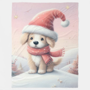 Couverture Polaire Petit chiot de Noël en chapeau santa