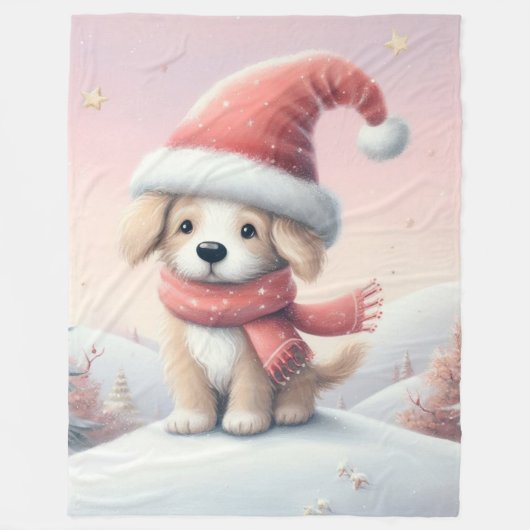 Couverture Polaire Petit chiot de Noël en chapeau santa (Devant)