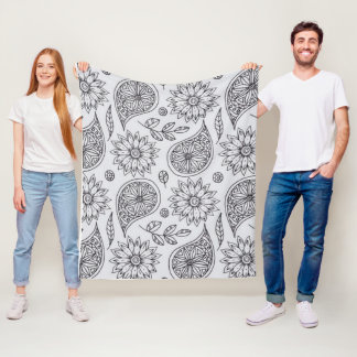 Couverture Polaire petits motifs floraux et foliaires, tous gris clai