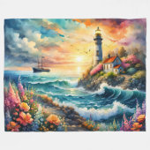 Couverture Polaire Phare Jardin floral sur la mer (Devant (Horizontal))