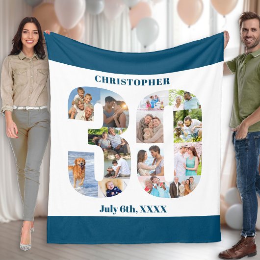 Couverture Polaire Photo Collage 30e Anniversaire Bleu Blancs Photo