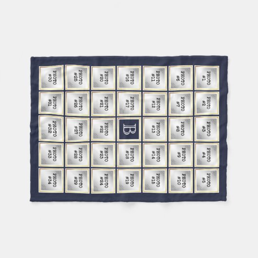 Couverture Polaire Photo Collage Monogram Gold Frame Editable Blue (Devant (Horizontal))