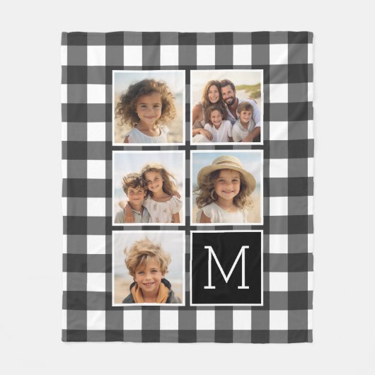 Couverture Polaire Photo Collage Monogramme Blanc Noir Buffalo Plaid (Devant)