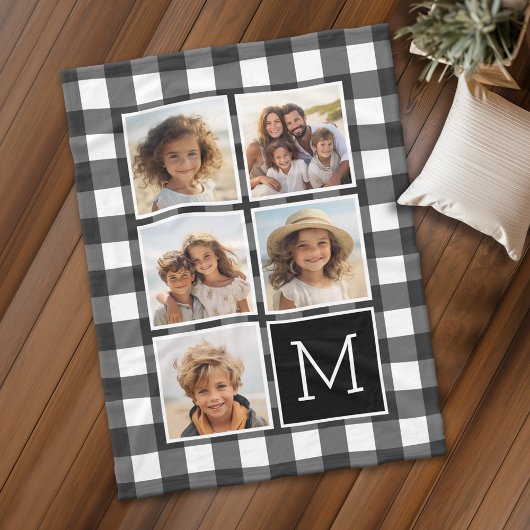 Couverture Polaire Photo Collage Monogramme Blanc Noir Buffalo Plaid