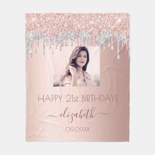 Couverture Polaire Photo d'anniversaire rose or parties scintillant r (Devant)
