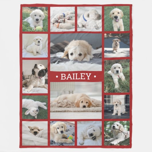 Couverture Polaire Photo de chien Collage mignon moderne rouge et bla (Devant)